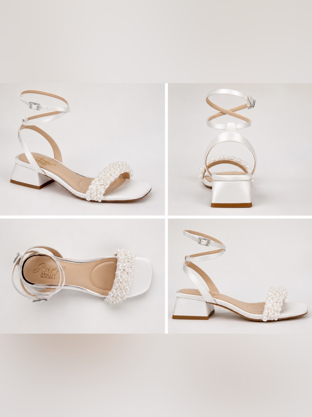 Jewel Badgley Mischka Payton Pearl Satin Block Heel Sandals NIB 9.5